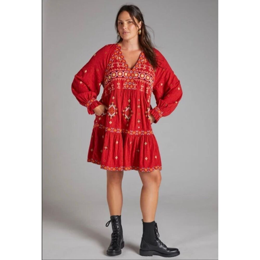Anthropologie Embroidered Tunic Niamh Dress Red Motif Raglan Sleeve Tunic New M